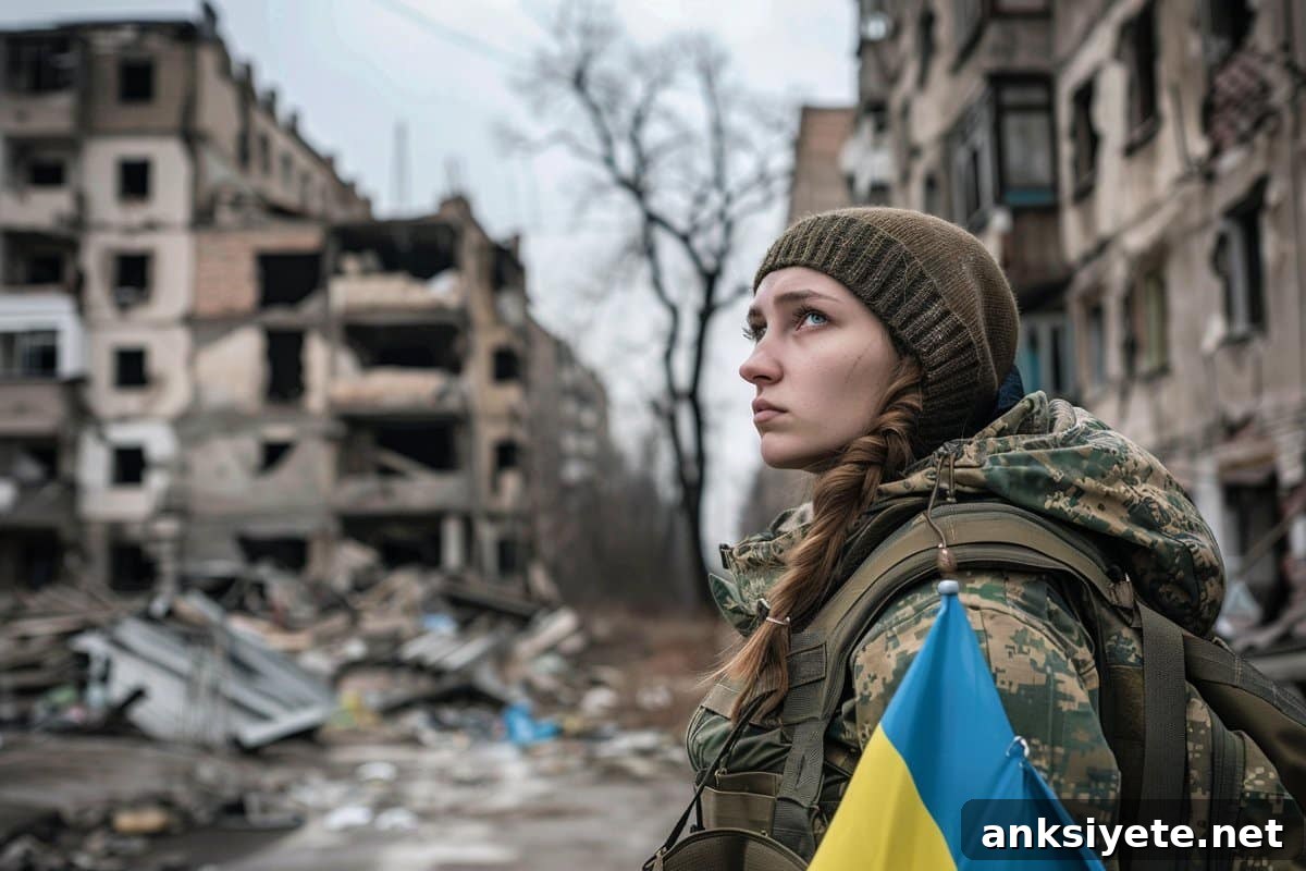 This shows a female soldier in rubble.