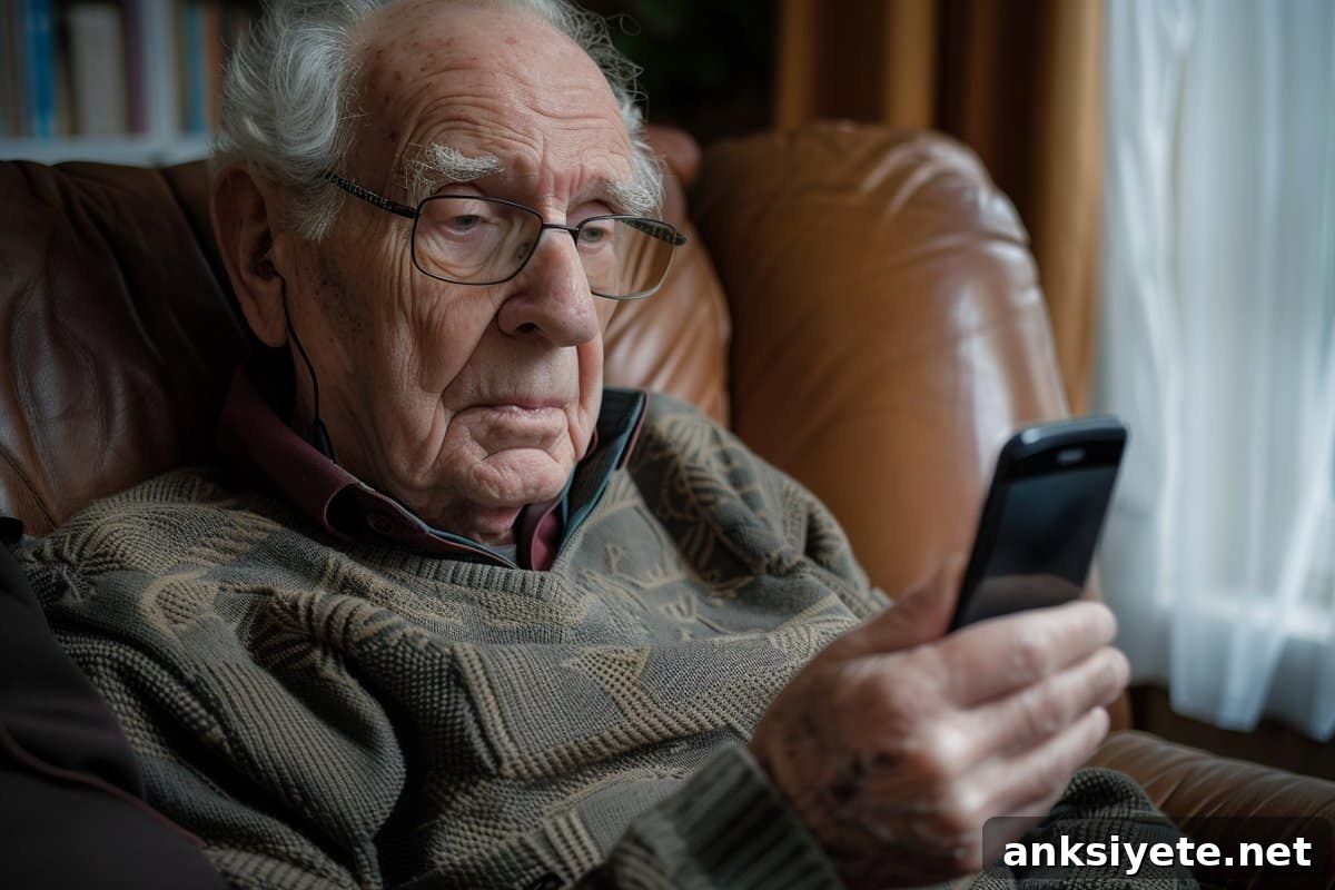 This shows an older man using a cell phone.