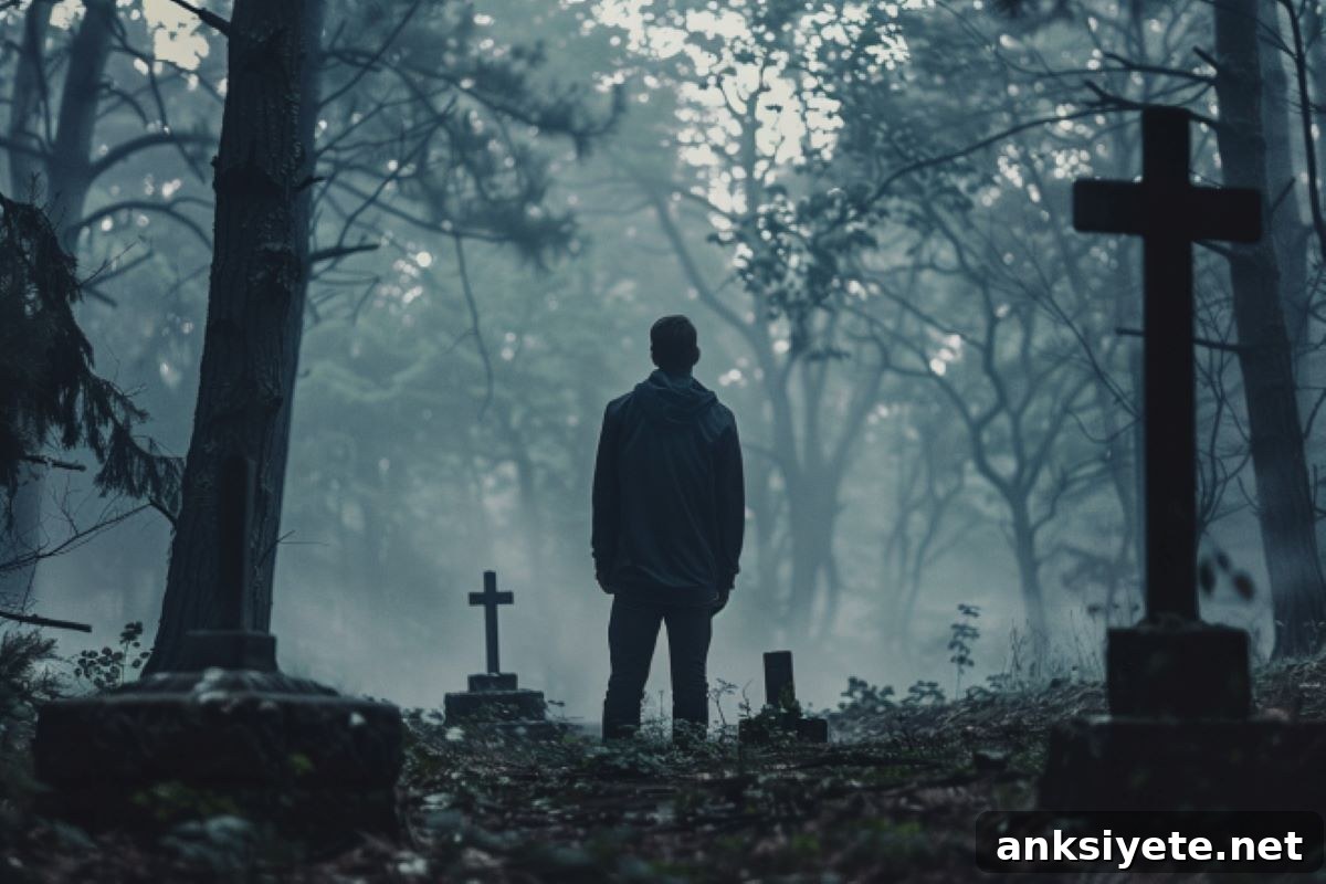 This shows a man in a grave yard.