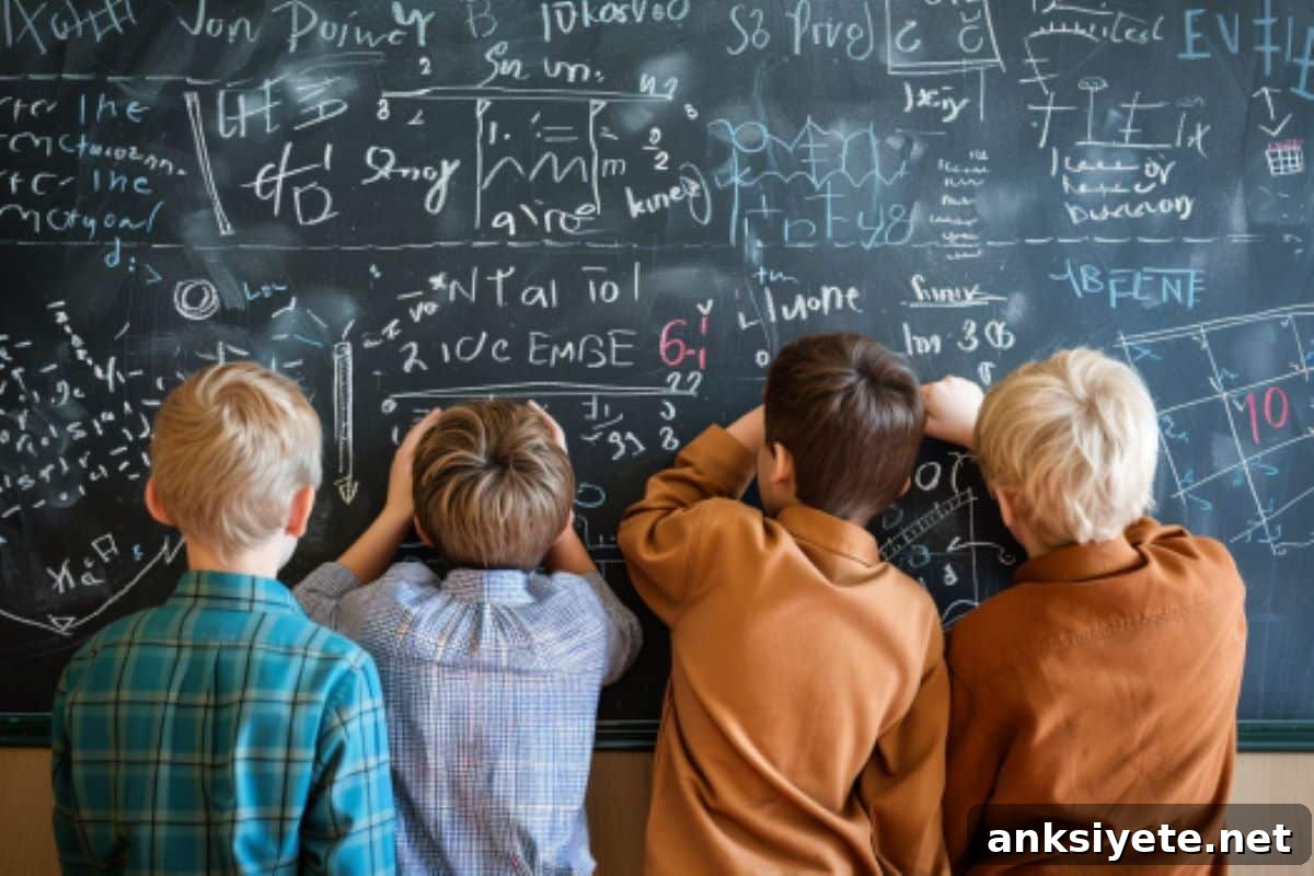 This shows boys working on math on a blackboard.
