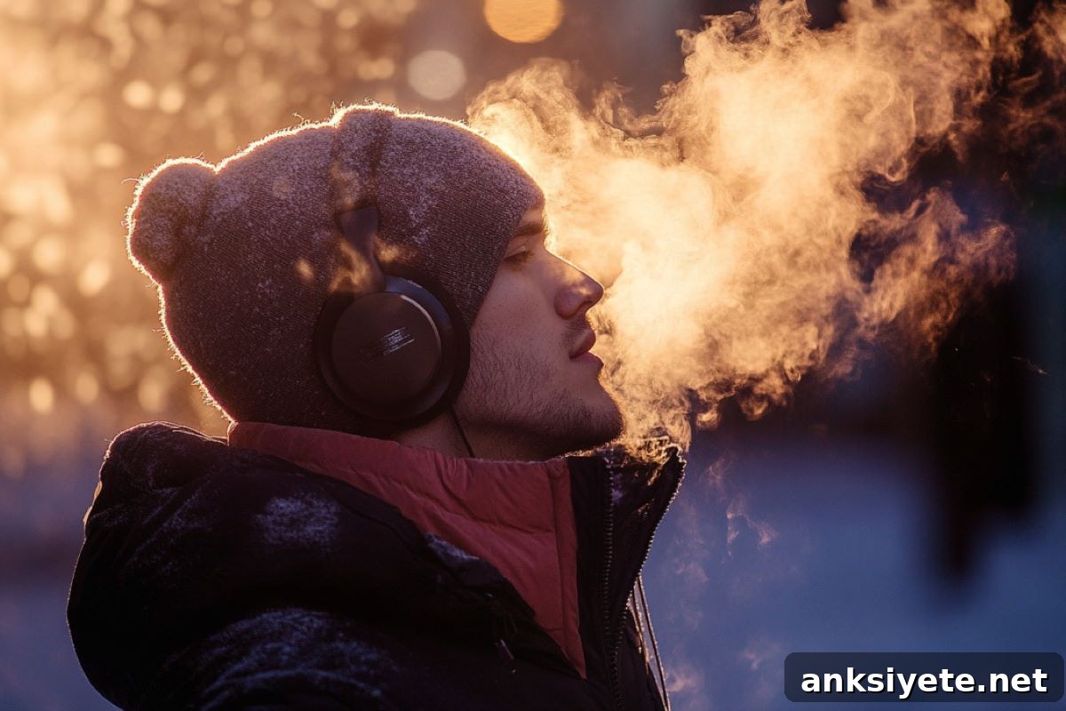 This shows a man wearing headphones on a cold day.