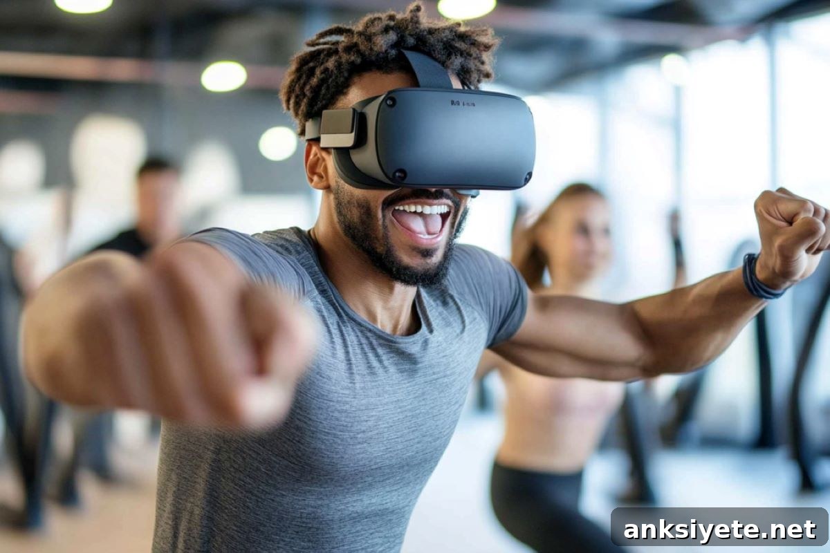 This shows a man exercising with a VR headset on.