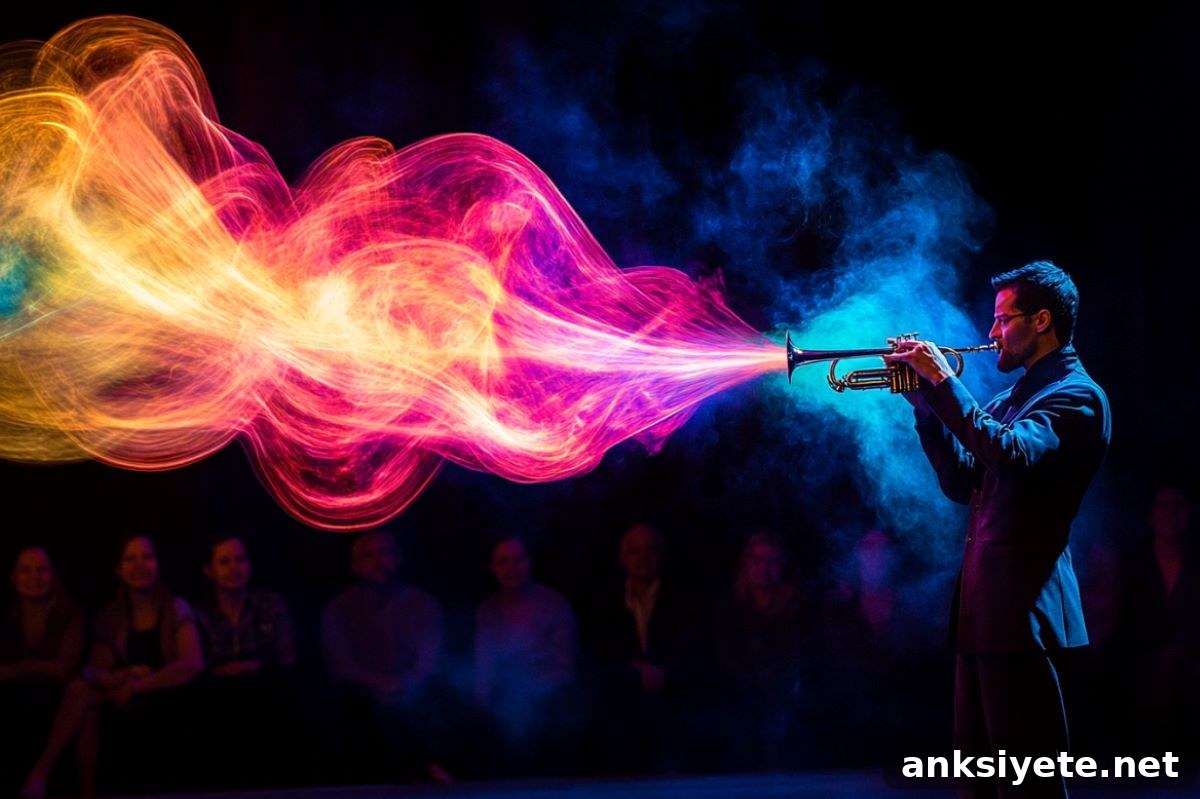 This shows a person playing a trumpet with sound waves coming out of it.