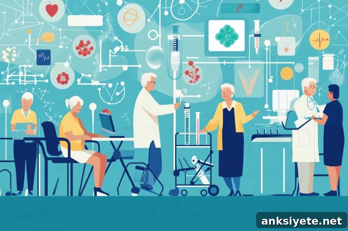 This shows a cartoon of older people in a lab.