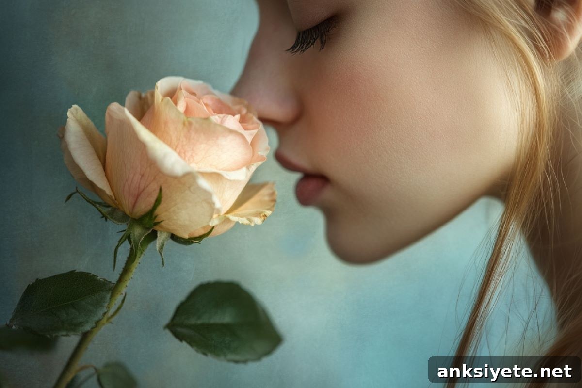 This shows a woman smelling a rose.