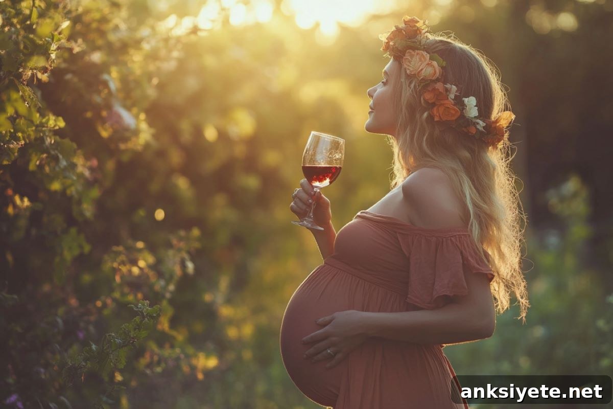 This shows a pregnant woman drinking wine.