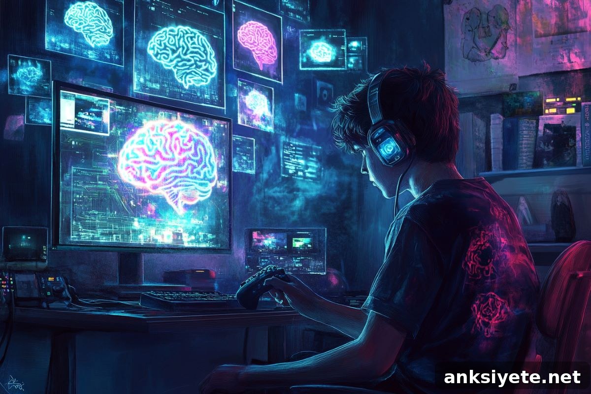 This shows a teen gaming and a brain.
