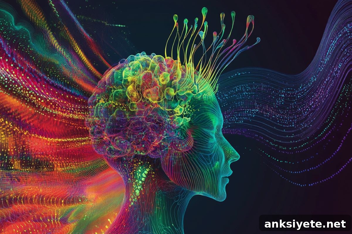 This shows a head, a brain, neurons, and sound waves.