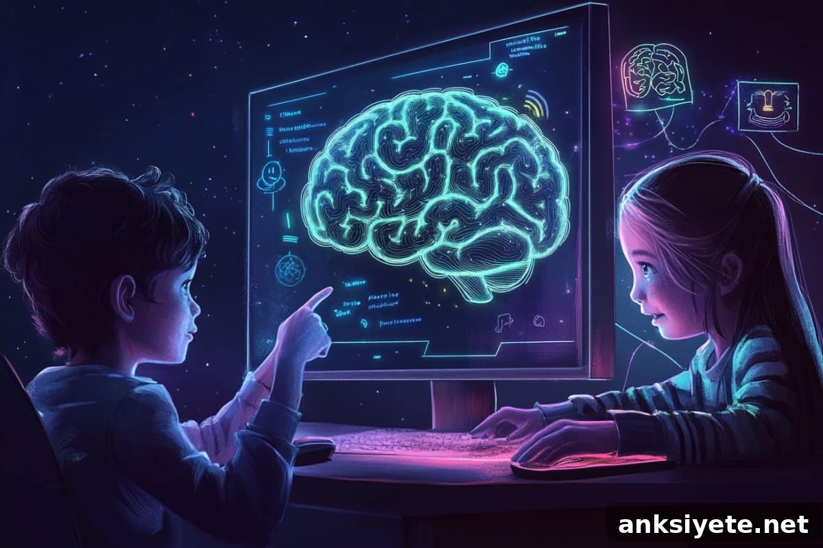 Two children and a brain illustration representing language and cognition