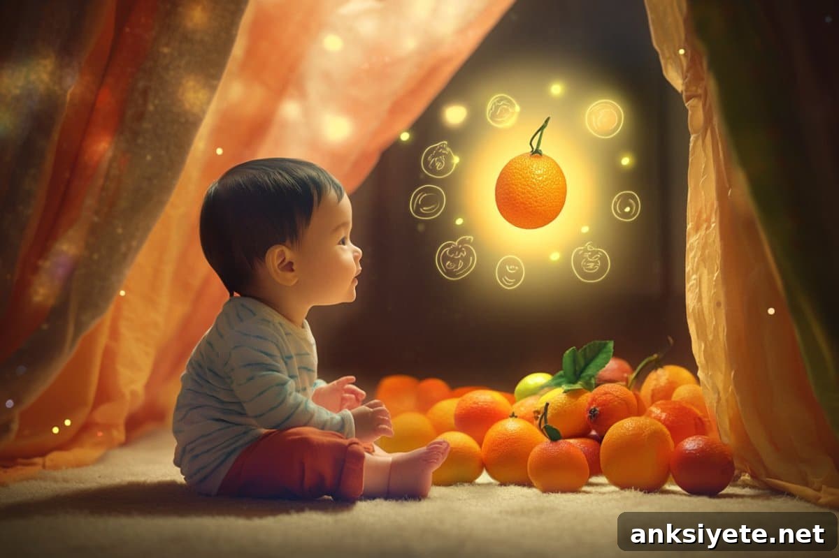 This shows a baby and fruits.