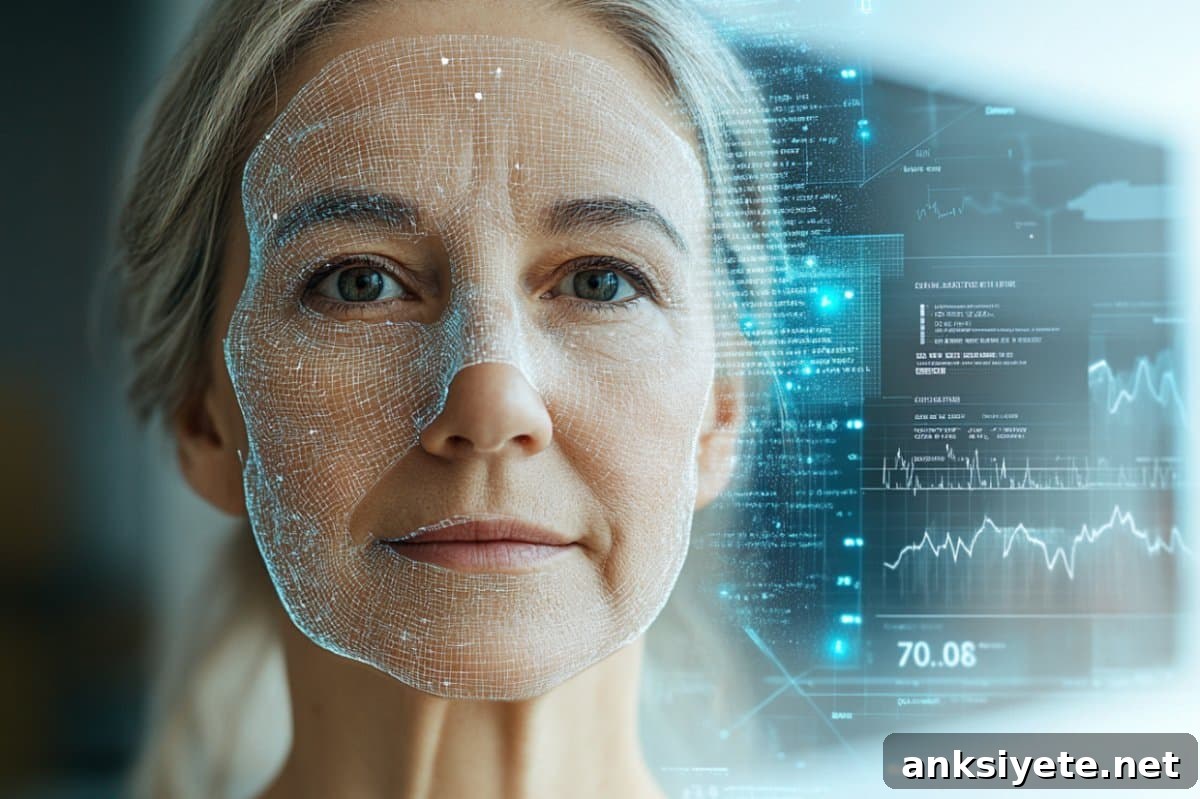 This shows a woman's face with a digital overlay.