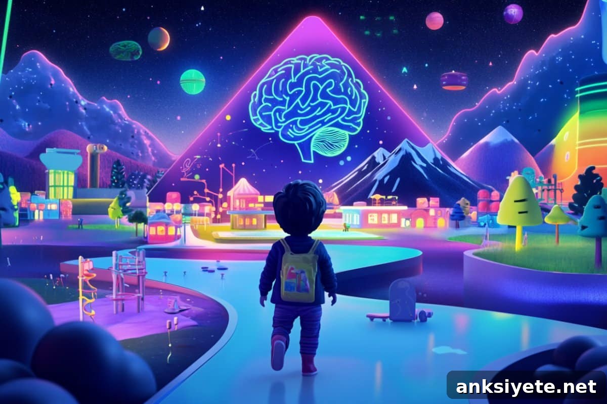 This shows a child navigating a virtual city and a brain.