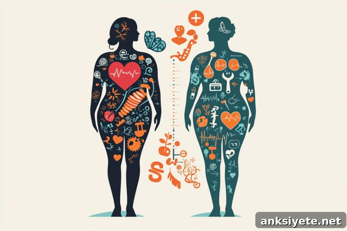 Midlife Weight Loss Linked to Longer Lifespan, Study Finds 2 This shows two people and symbols representing weight loss and aging.
