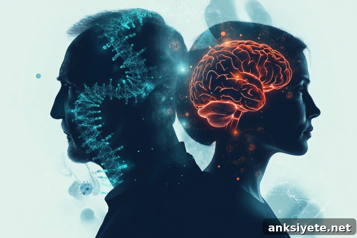 This shows a man, a woman, DNA, and a brain.