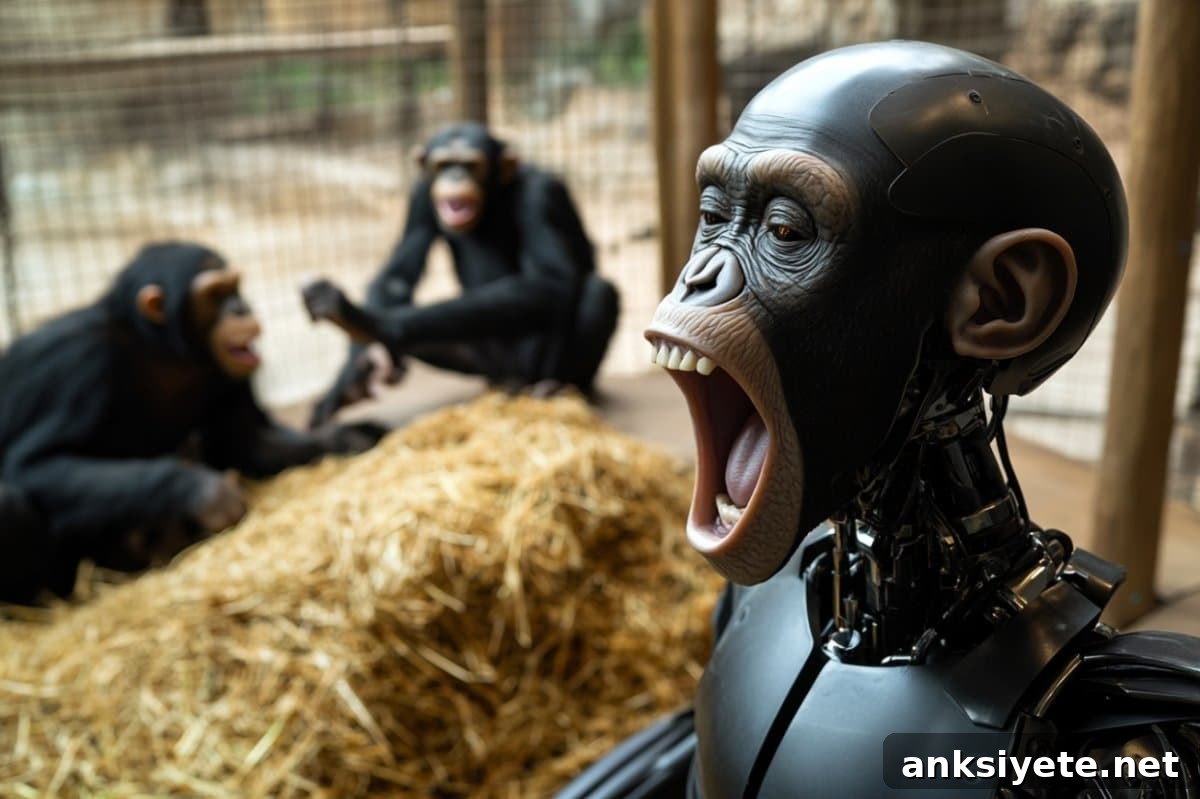 This shows a robot yawning with chimps in the background.