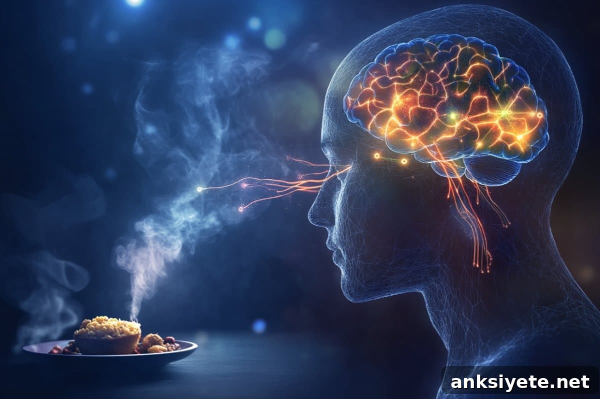 Why Food Smells Trigger Fullness Only in Lean Brains 2 This shows food, a head, and a brain.