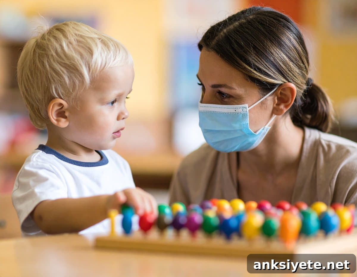 This shows a child and an adult in a surgical mask.