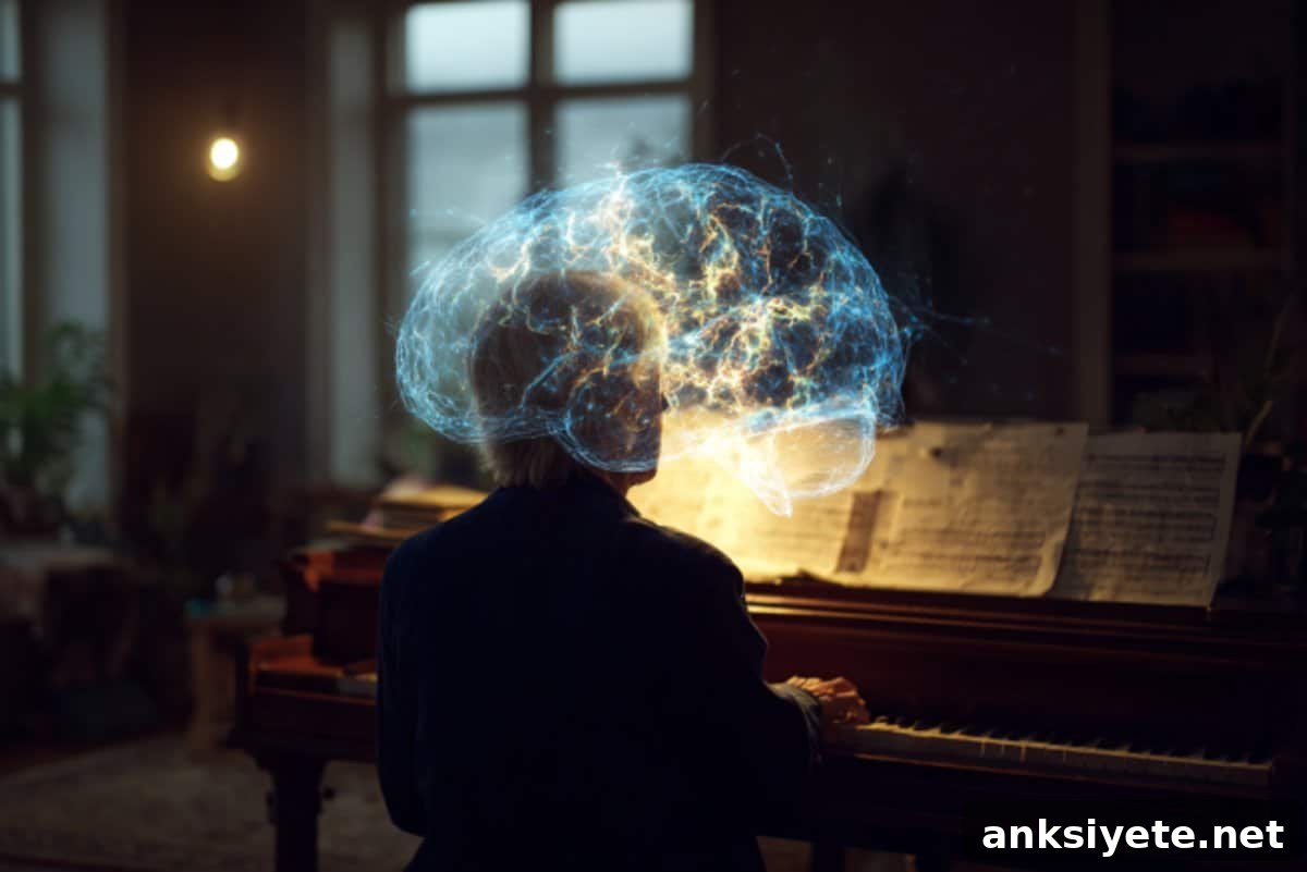 This shows an older man playing piano and a brain.