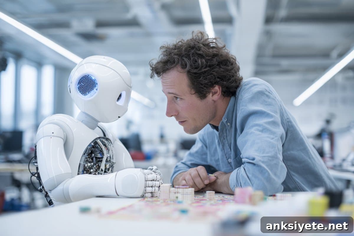 This shows a man making eye contact with a robot.