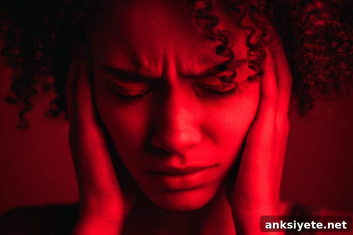 This shows a woman holding her head in pain.