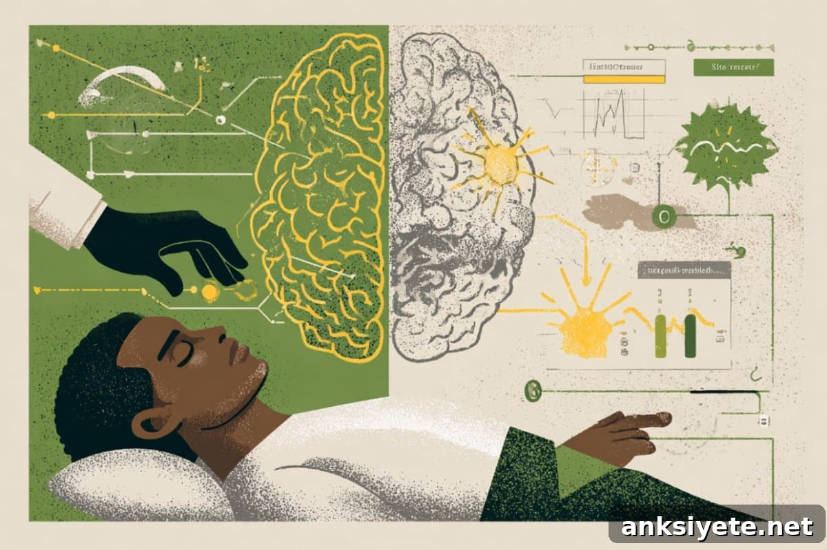This shows a brain with a man undergoing a medical procedure below it.