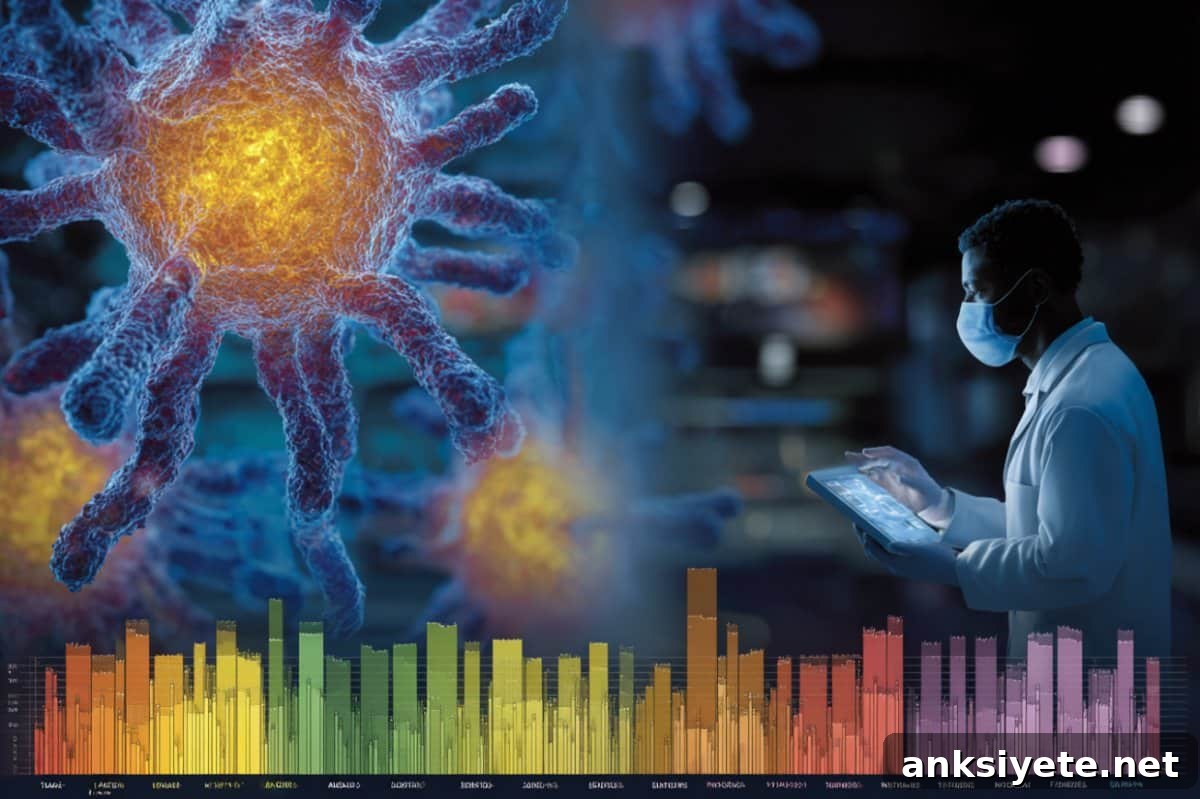 This shows a large viral cell and DNA with a researcher analyzing data in the background.