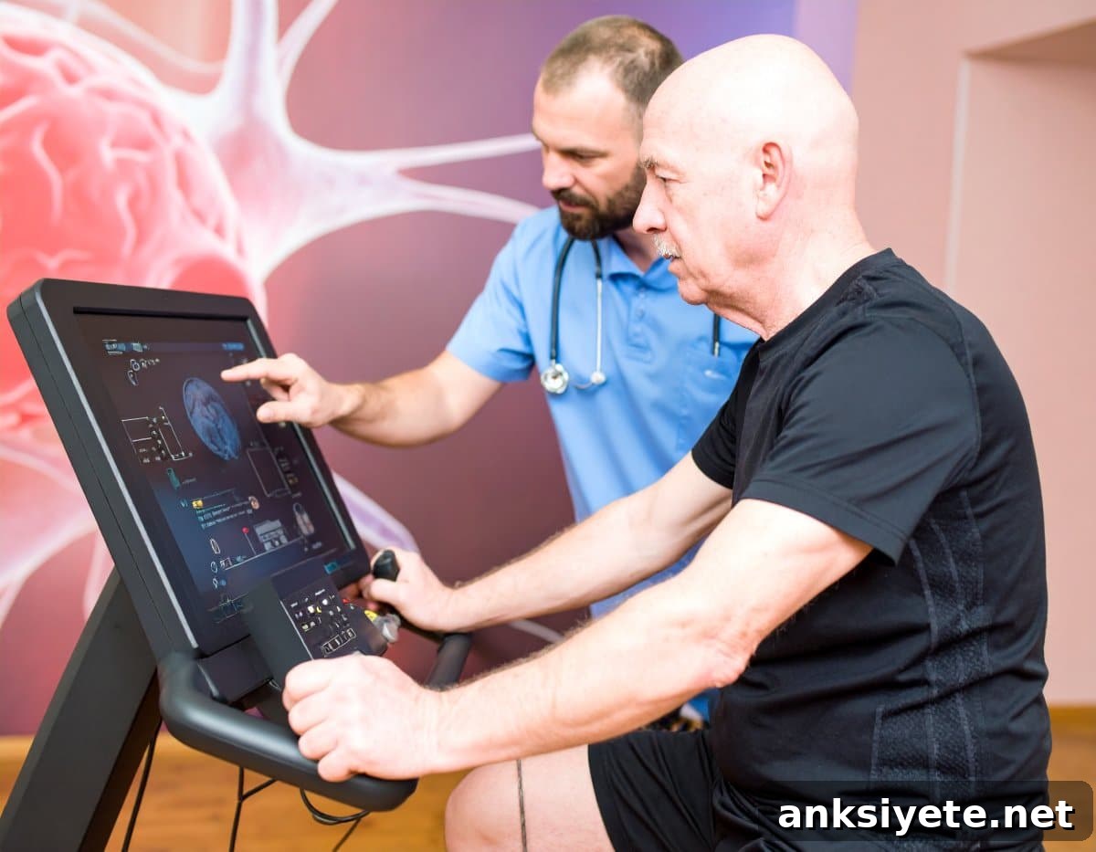 An older man on an exercise bike in a hospital supervised by a nurse. A monitor on the bike displays a brain-targeted game.