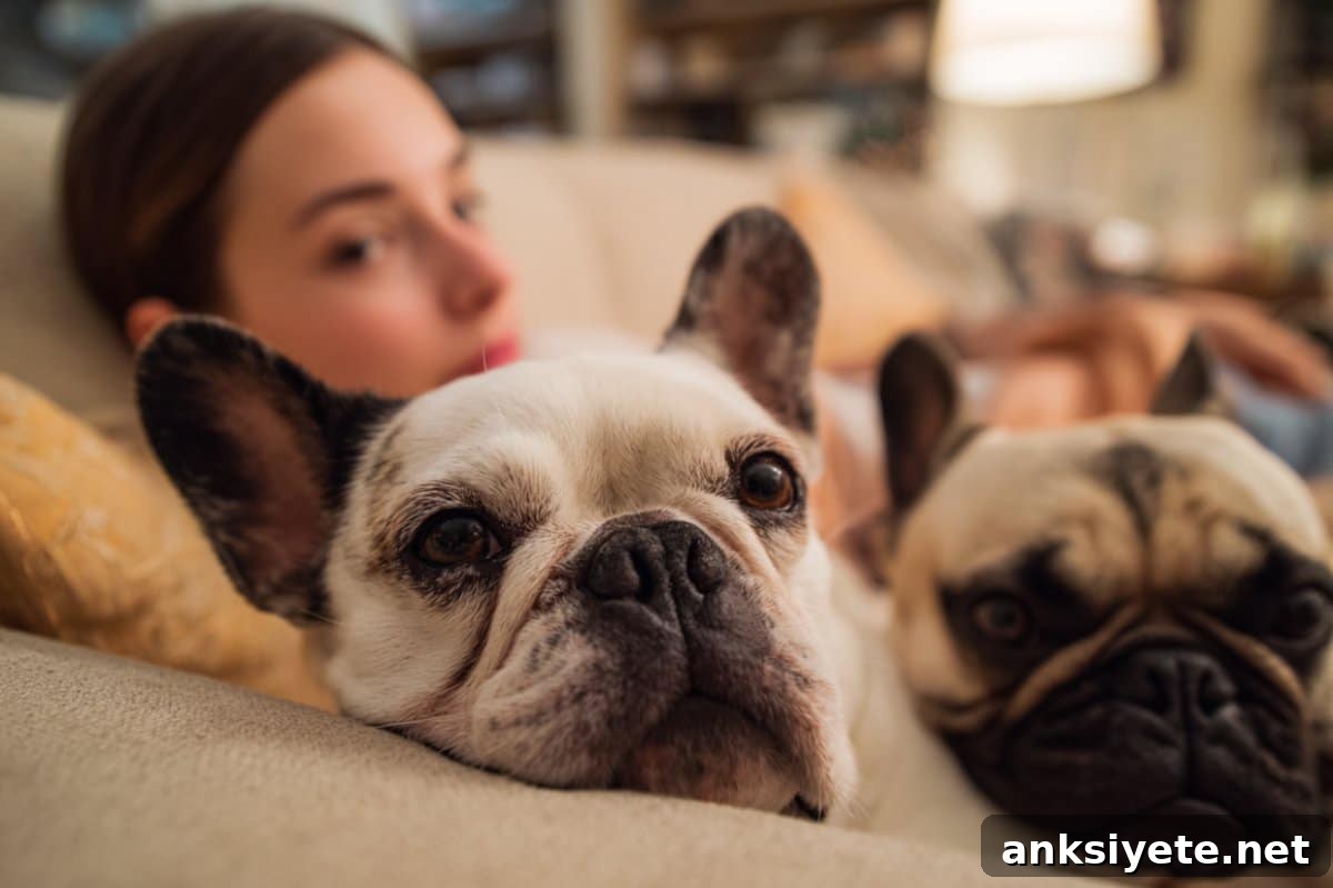 This shows a woman with two french bulldogs.