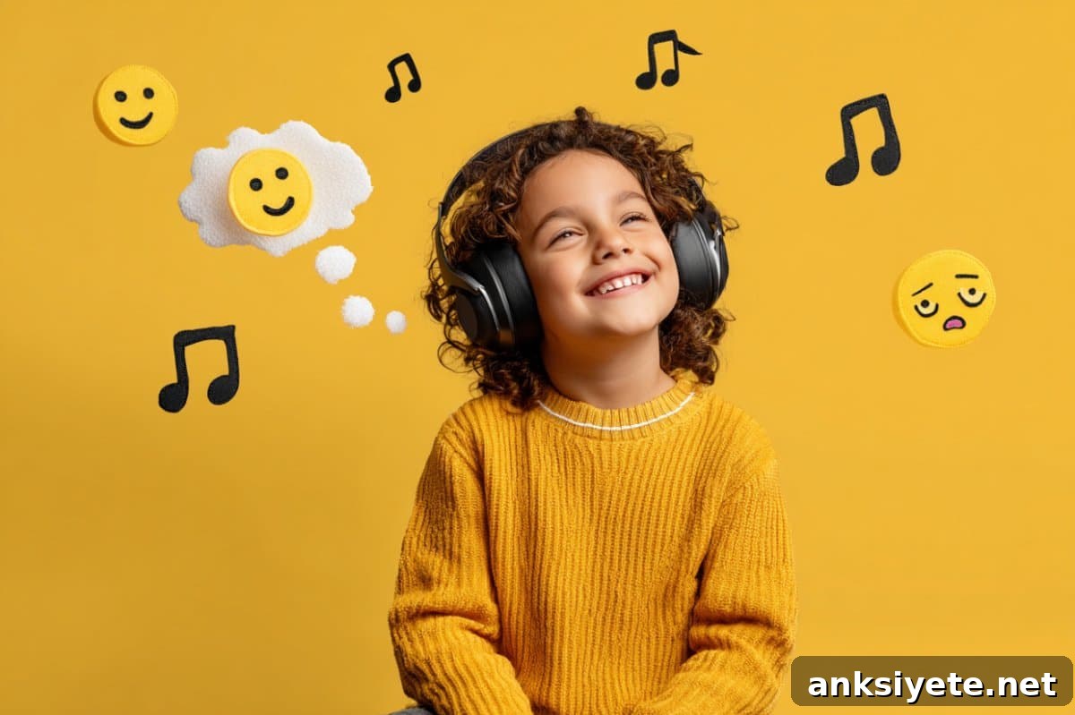 This shows a child listening to music, surrounded by emotional emojis.