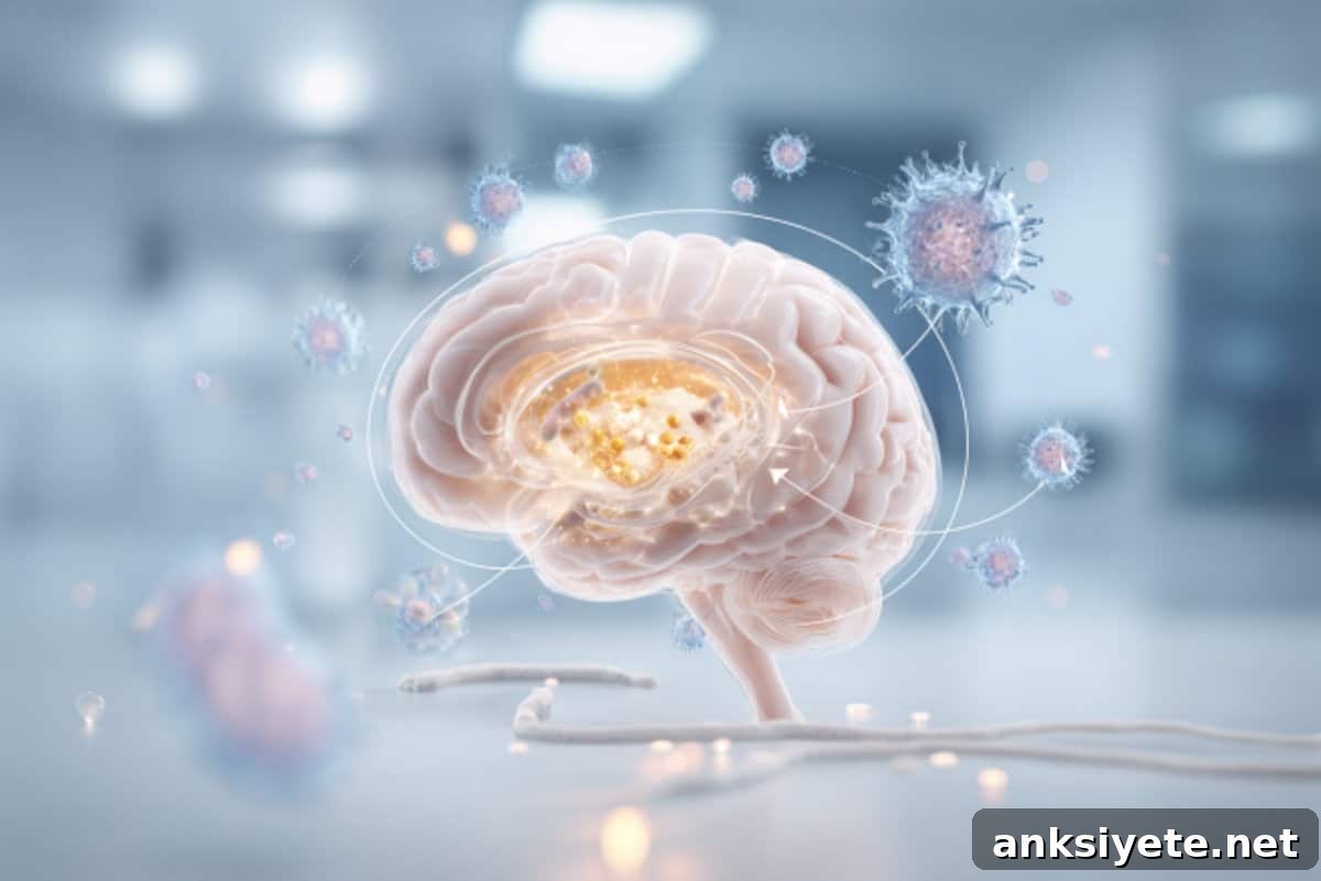This shows a brain surrounded by microbes.