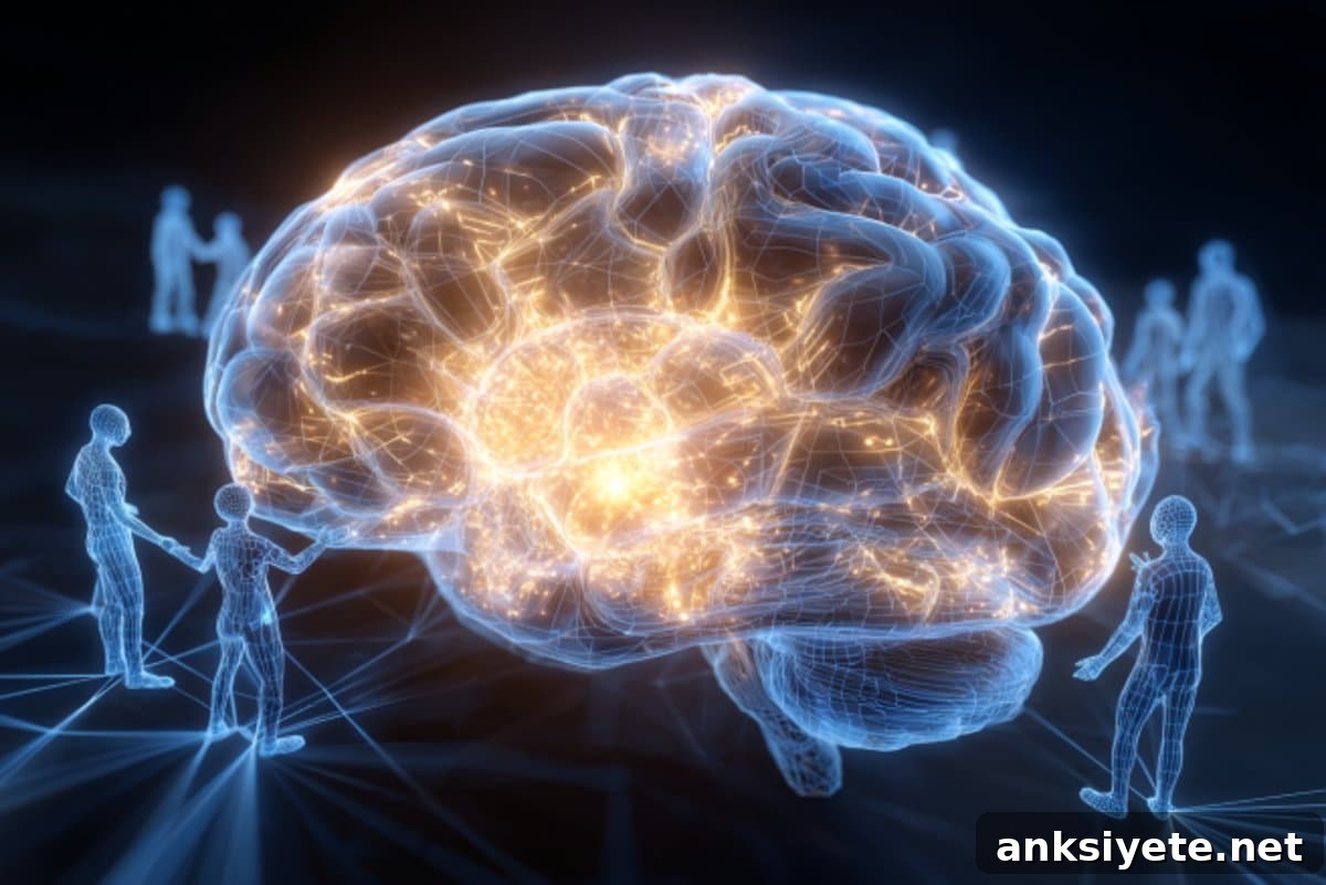 Brain illustration showing active neurons with people around it.