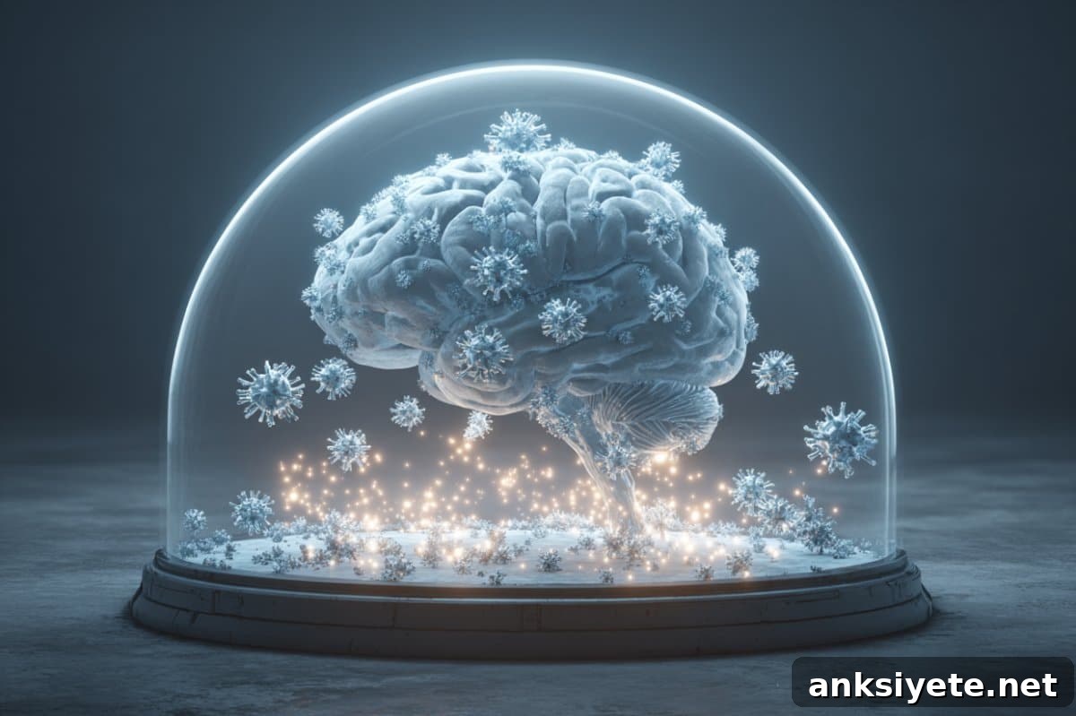 This shows a brain surrounded by proteins in a snow globe.
