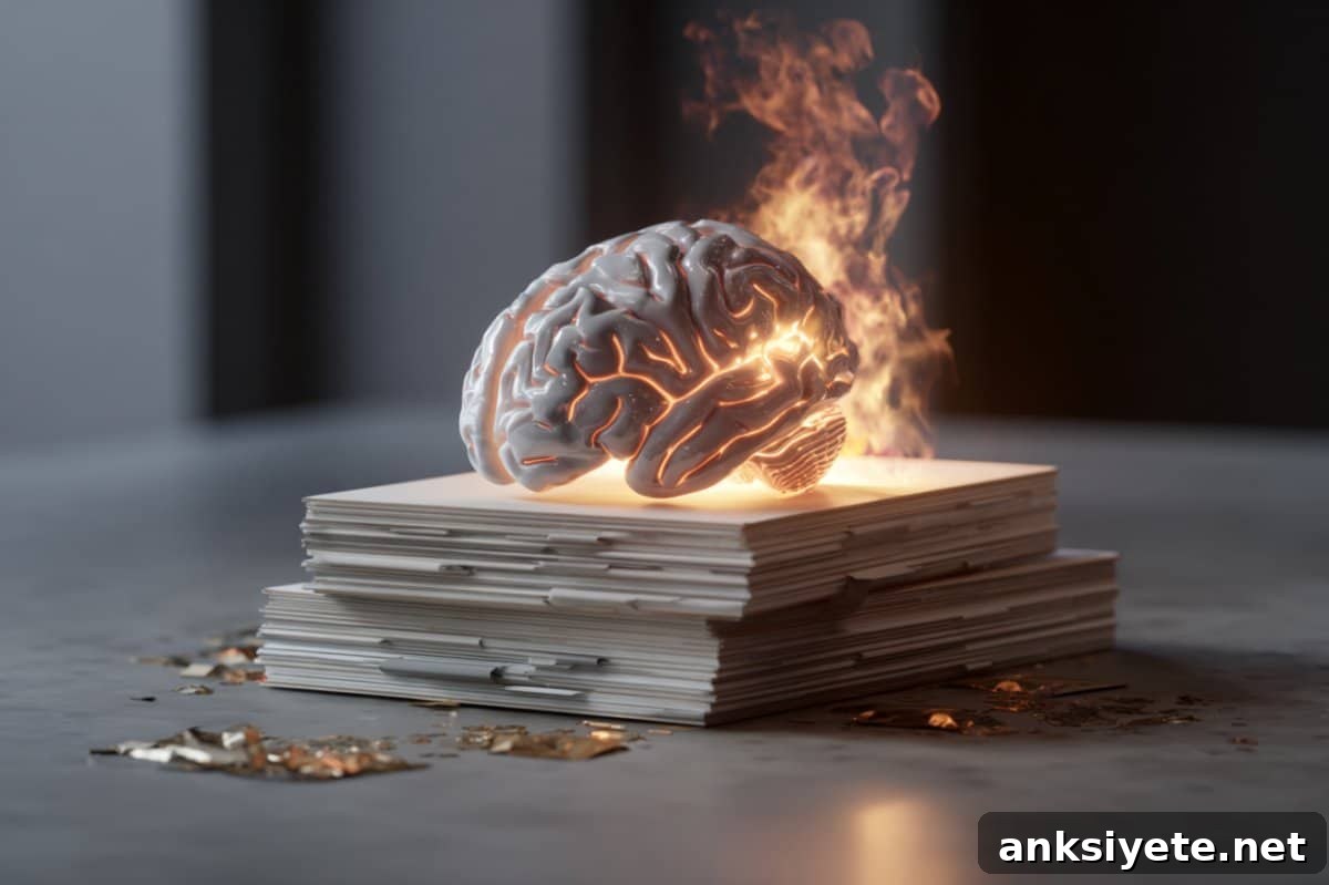 This shows a burning brain on top of a stack of scientific journals.