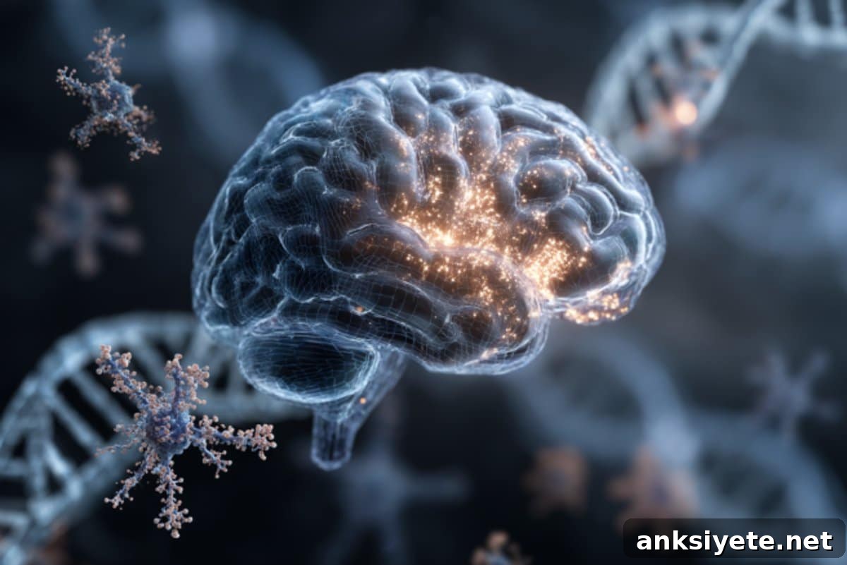 This shows a brain surrounded by viruses and DNA.