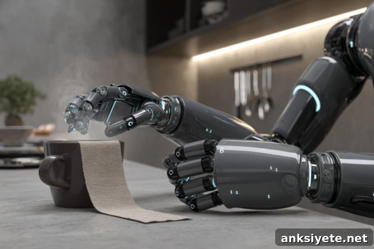 This shows a sleek robotic hand and a cup of coffee.