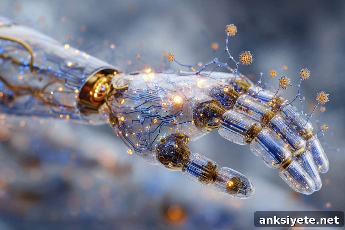 This shows a robotic had with MOF neurons and glowing neurotrasmission flow.