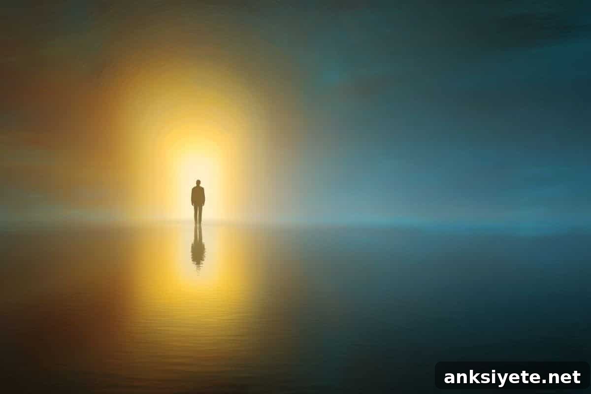 This shows a person walking to a hazy light.