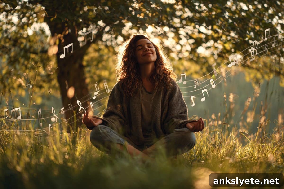 How Music and Nature Reduce Stress and Improve Mood 2 This shows a woman meditating in a field.