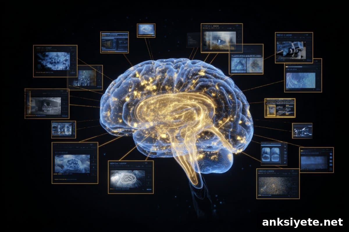 This shows a brain surrounded by TV monitors.