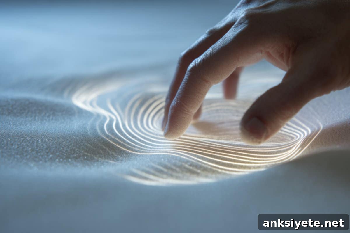 This shows a hand touching sand.