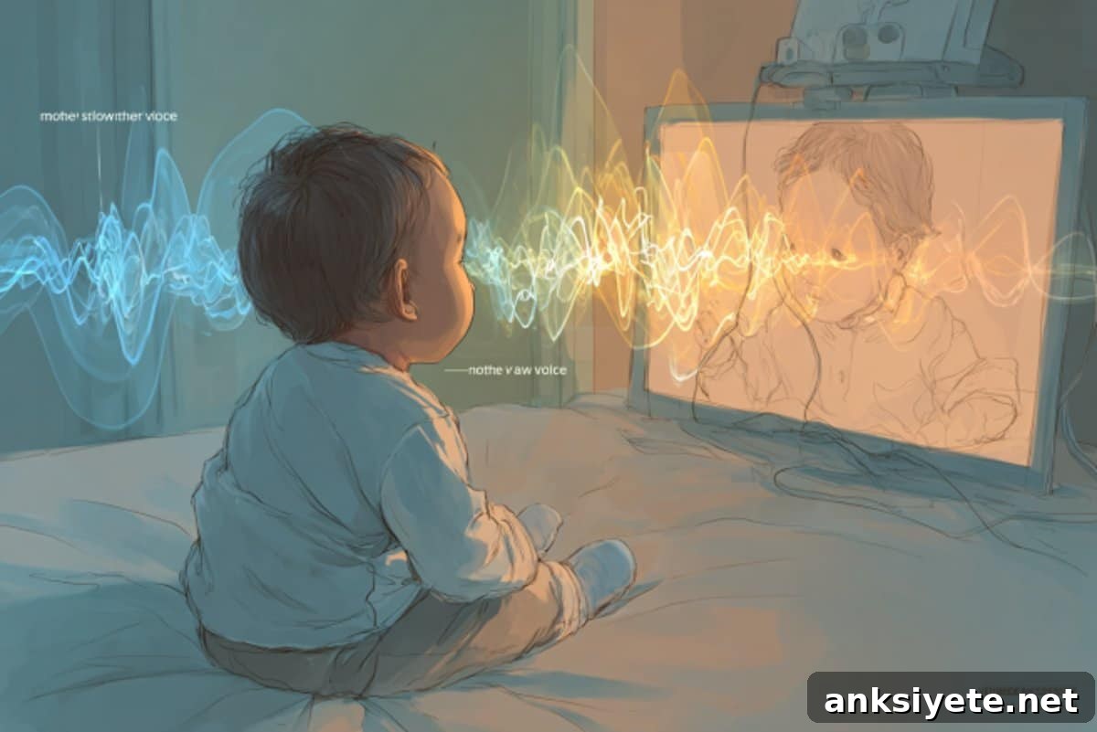 This shows a baby looking at a screen and sound waves.