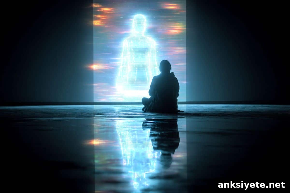 This shows a person looking into a void and a hologram.