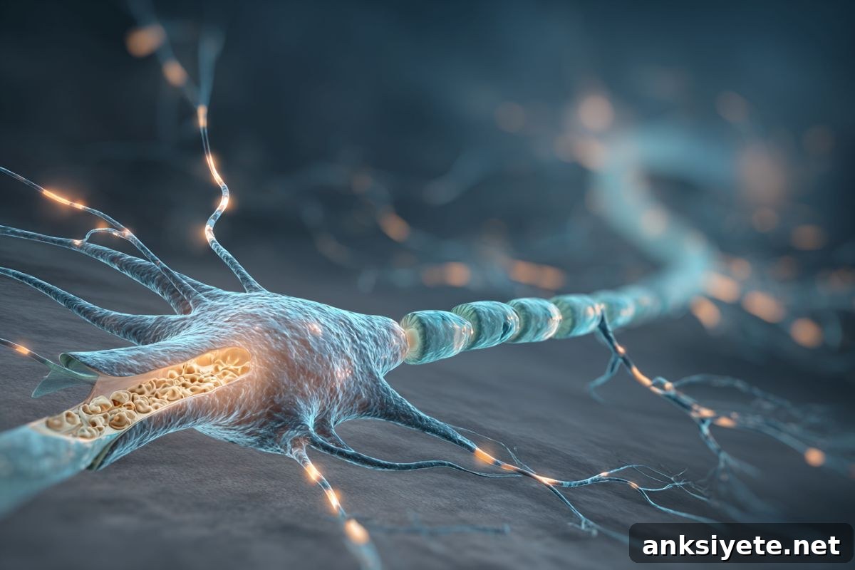 This shows a neuron with a broken myelin sheath.