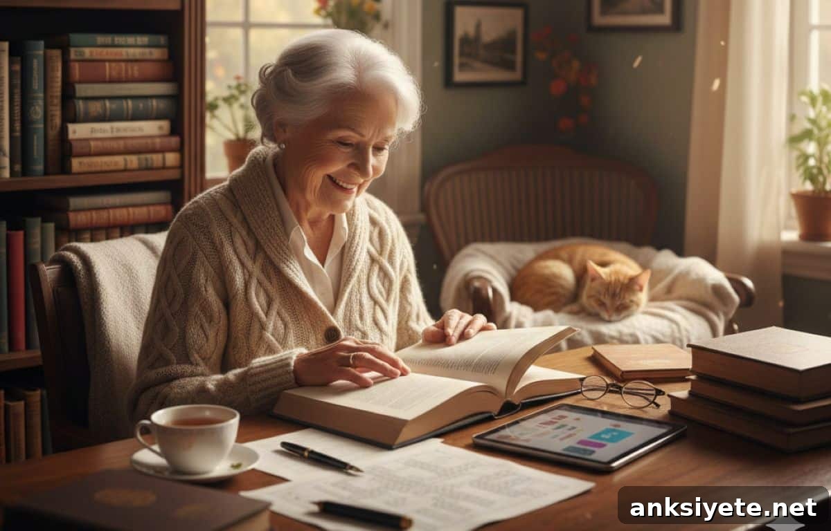 Study: Lifelong Learning May Delay Alzheimer's by 5 Years 2 This shows an older lady at her desk reading and using a tablet.
