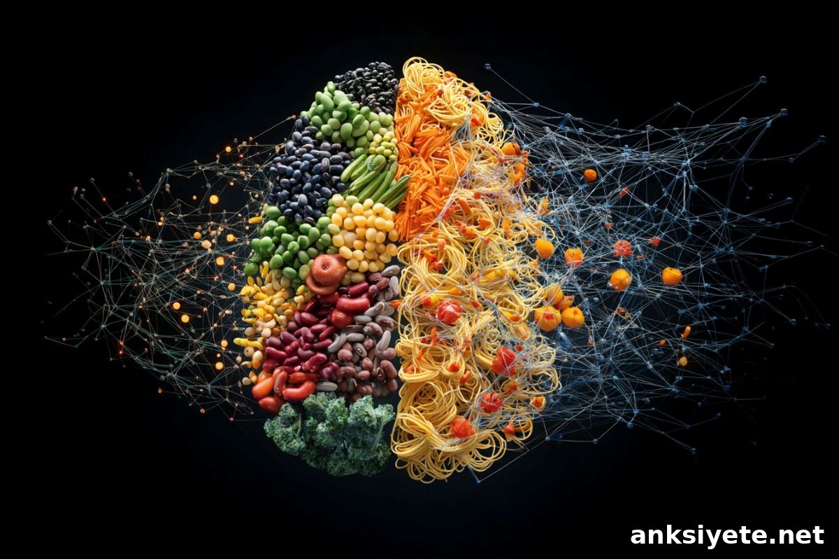 This shows a brain of fresh foods and processed foods, representing how diet affect brain and cognitive development.