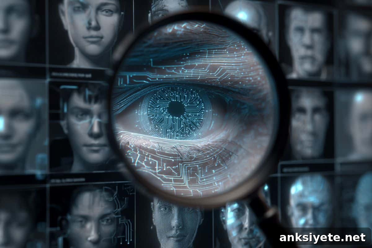This shows a digital eye looking at AI generated faces.