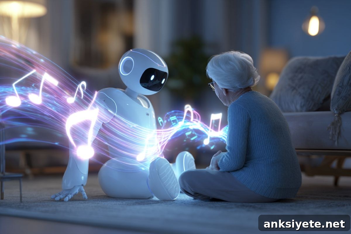 This shows an older lady sitting with a friendly looking robot. Around the robot is musical notes.