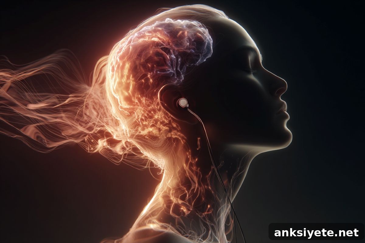 This shows the outline of a person's head wearing earphones. musical notes swirl around her.