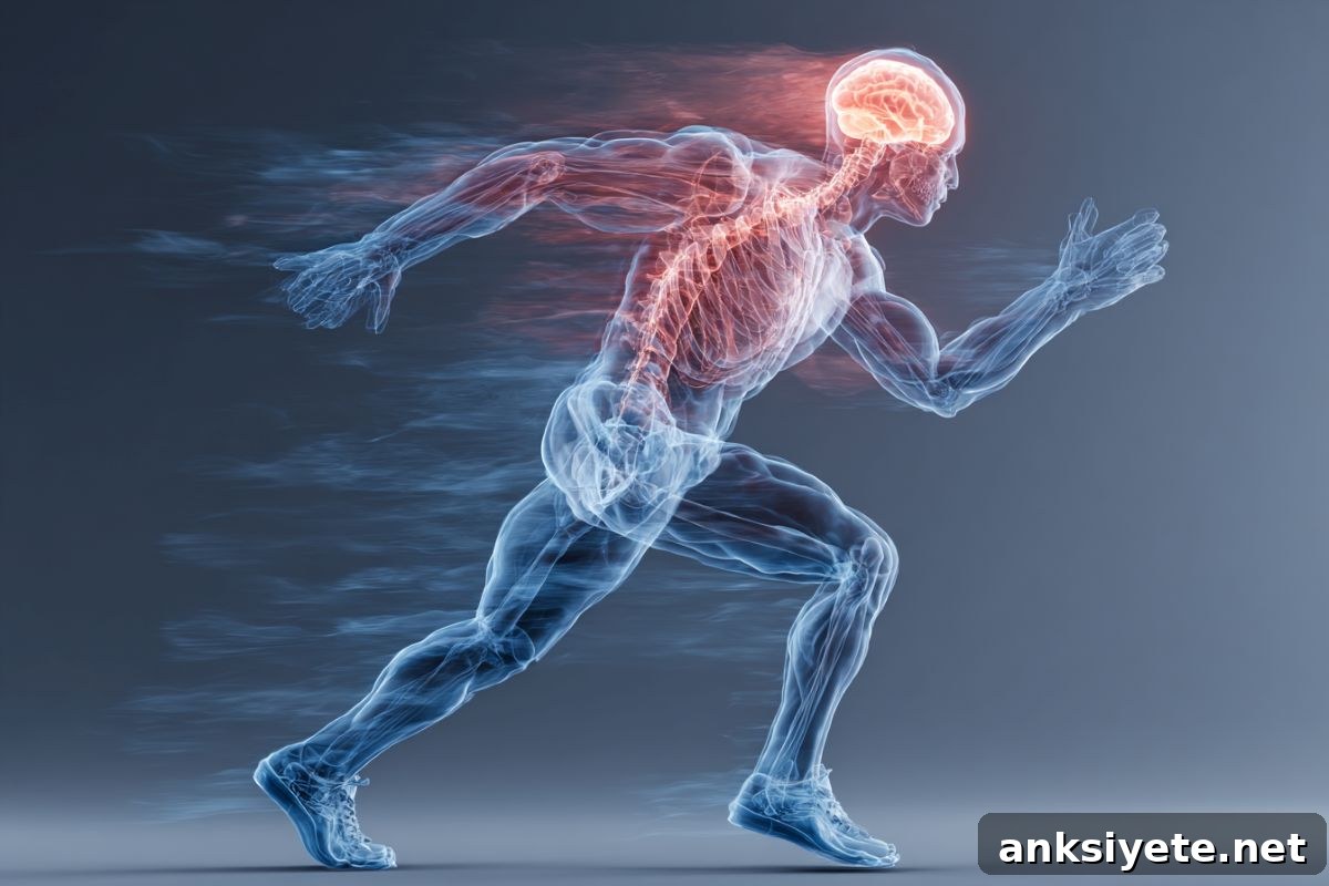 This shows the outline of a person running. Their brain is highlighted, as are their muscles.