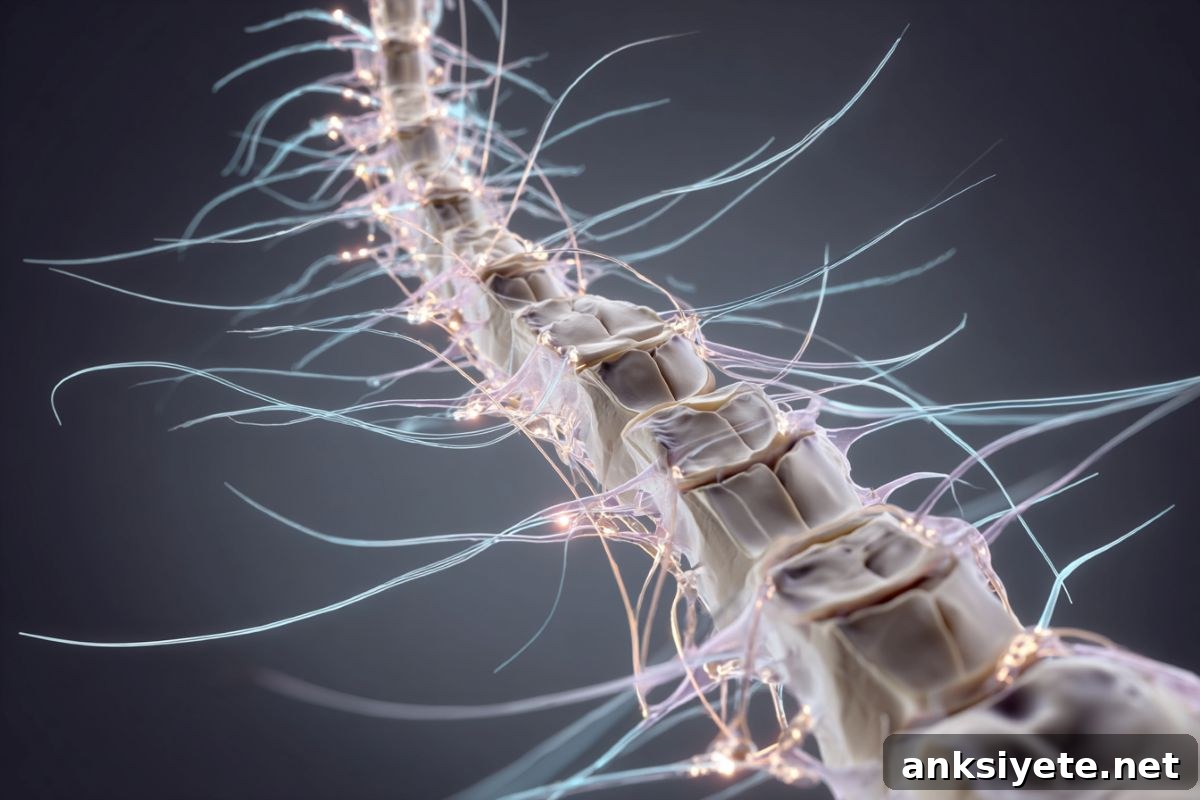 Bio-Implant Restores Function After Spinal Cord Injury 2 This shows a spine with wires, like neurons, coming out of it.